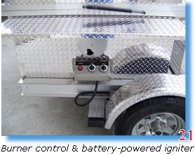 Burner control & battery-powered igniter on barbecue trailer grill