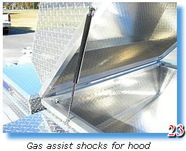Gas assist shocks for hood of BBQ trailer grill